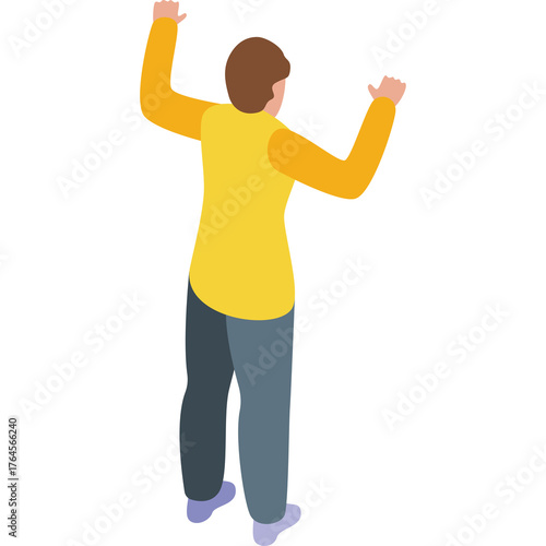 Isometric Illustration Of A Person With Arms Raised In A Yellow Long Sleeve Shirt And Blue Jeans On A Transparent Background