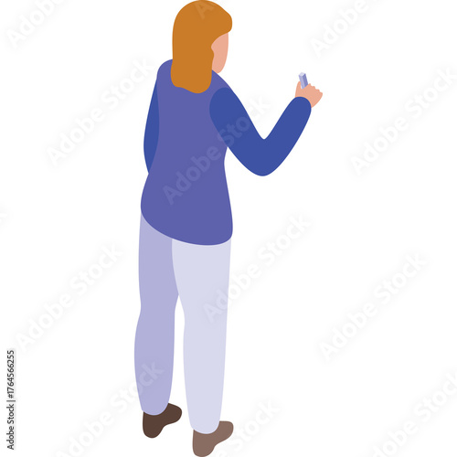 Isometric illustration of a person with auburn hair wearing a blue jacket and light purple pants writing with a marker on a white background