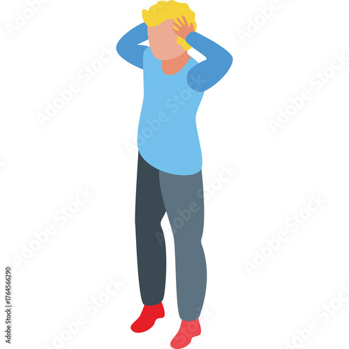 Isometric illustration of a person with blonde hair wearing a light blue long sleeve shirt dark gray pants and red shoes holding their head in frustration against a transparent background