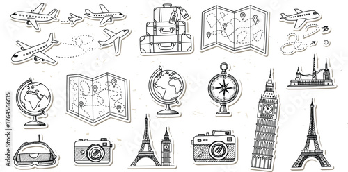Sketch-style travel vector set featuring airplanes, maps, globes, landmarks, cameras, and navigation icons for tourism and global exploration.