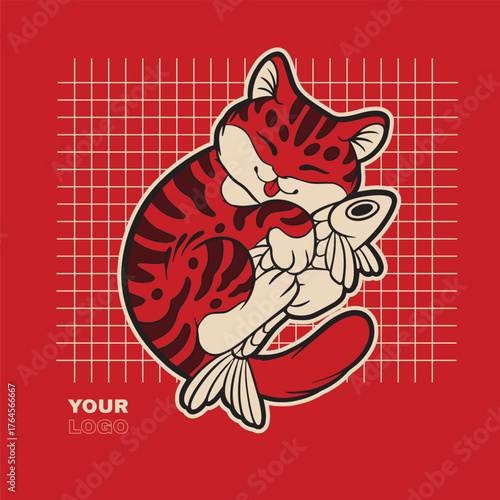 Cartoon maneki neko cat. Vector illustration	
