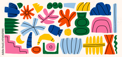 Colorful collage with doodles and scribbles looks fun and quirky. Naive abstract shapes bring a touch of cubism and childish design. Random elements create a trendy scrapbook style illustration.