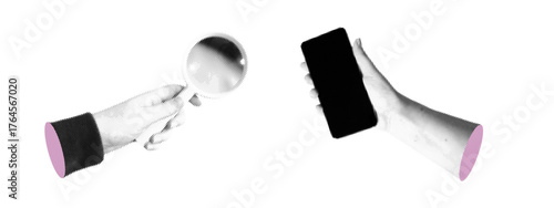 Phone with magnify hand on paper shows influence marketing. Search job art with glass digital trendy design. Internet vector workshop business and smartphone ui elements.