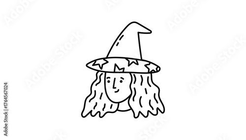 Witch woman with hat mixes magic, female portrait and witchcraft. Celestial pointed details join zodiac, occult and astrology notes. Design includes tarot, moon, ritual, constellations, night stars an