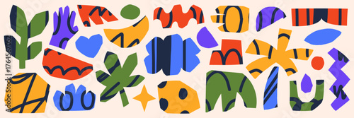 Collage mixes scraps with doodles and scribbles. Abstract shapes look fun, colorful, quirky and cubist. The weird and trendy style becomes rough and random like scrapbook art.