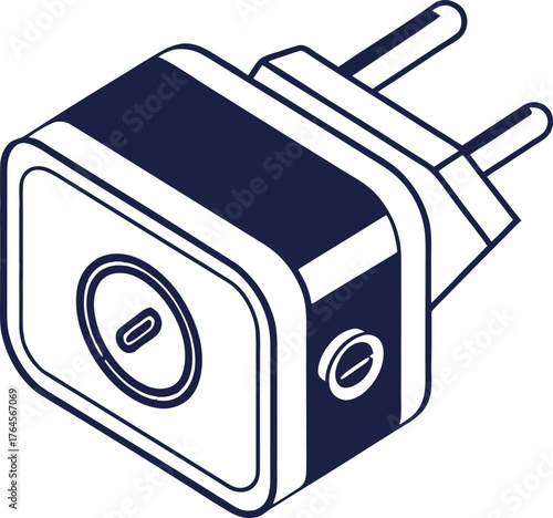Illustration of a white and blue usb wall charger with two metal prongs in an isometric view