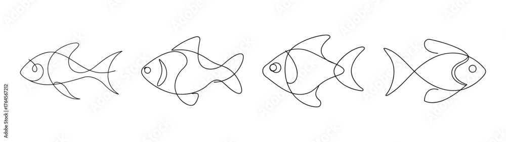 Obraz premium Collection of four stylized sketch drawings of tiger barb fish in line art style for aquatic themes