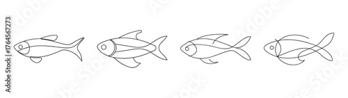 Four sketchy neon tetra fish designs showing their distinctive stripes and forms in a horizontal row