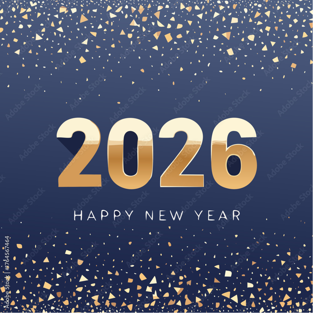 Naklejka premium Digital graphic with '2026 HAPPY NEW YEAR' in gold and white text on a dark blue background with gold and white confetti.