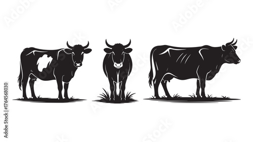Set of cow silhouettes vector illustration of farm animals in different poses isolated on white background