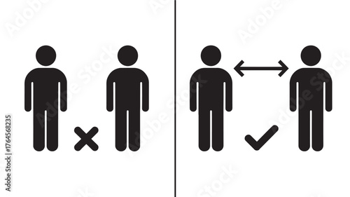 Social distancing vector icons showing correct and incorrect spacing between people flat design for public health guidelines