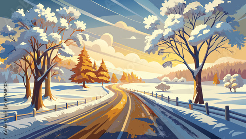 Snowy countryside road stretching through open fields, clear sky and sunlight illuminating frosted trees, warm daylight tones on white snow