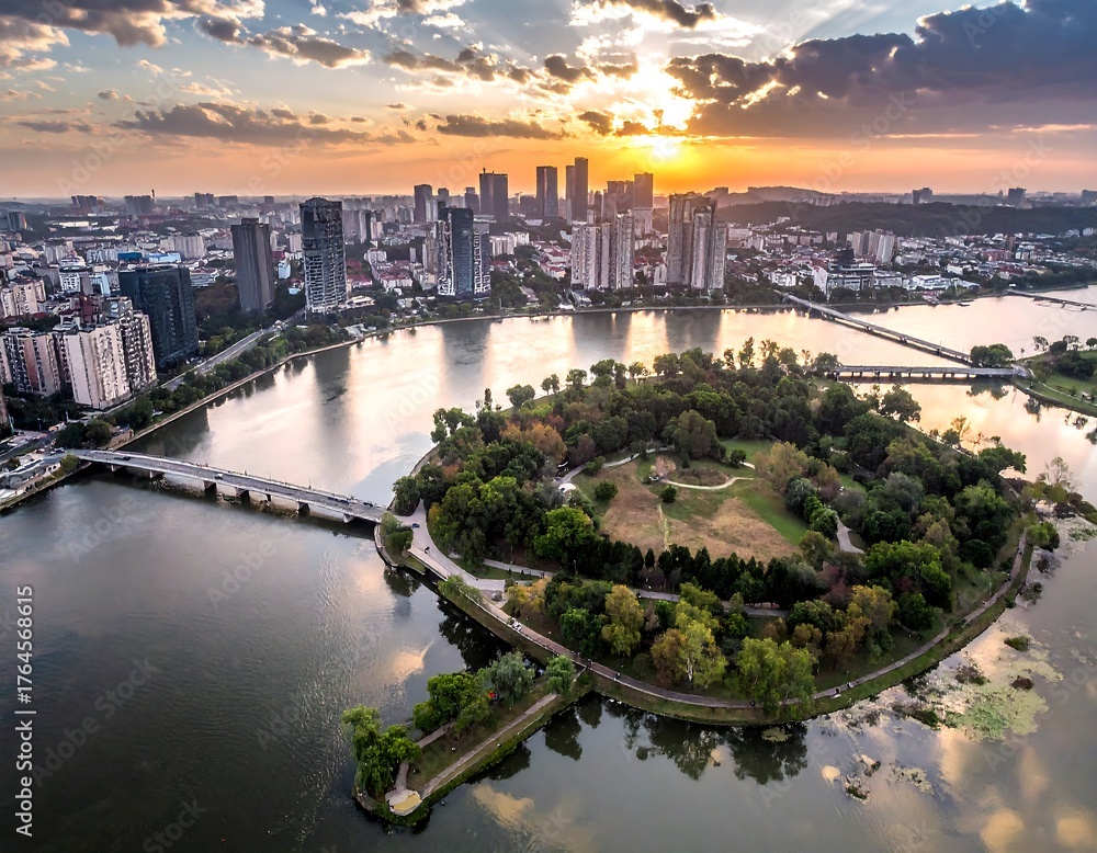 Fototapeta premium Panoramic sunset view of a city with a lake and island park