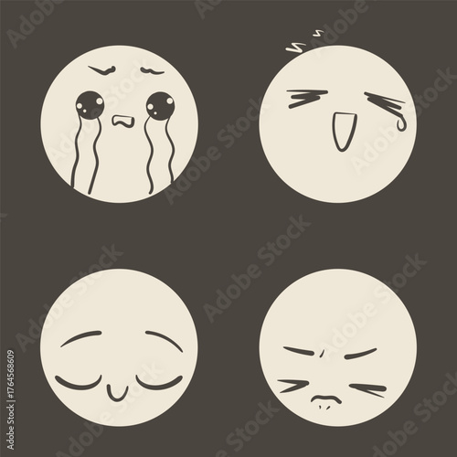 Cute doodle emoji face set. Different anime faces stickers. Manga style vector illustration