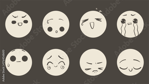 Cute doodle emoji face set. Different anime faces stickers. Manga style vector illustration