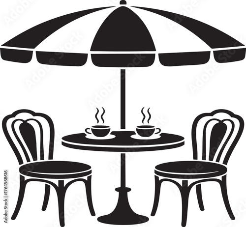 A black and white illustration of an outdoor cafe table with chairs and an umbrella overhead design