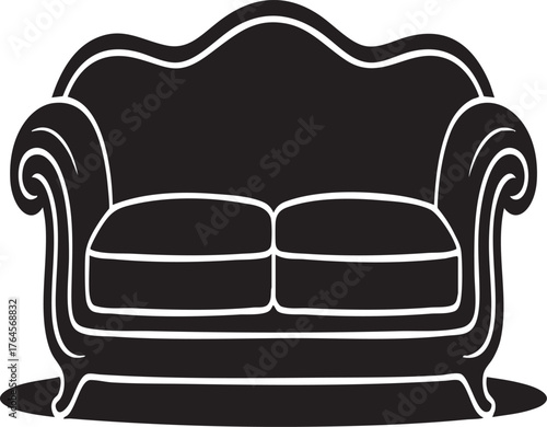 A black and white graphic illustration of a two cushion couch with decorative arm rests and trim design