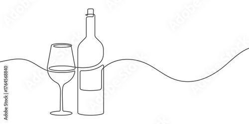 Wine glass. Alcoholic drink drawing. Wine bottle . line art. Vector illustration .