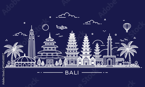 Bali Hand Drawn Skyline Art of Island Heritage, Beaches, and Mount Agung | Perfect for Travel Agencies, Tourism Marketing, and Wall Art Prints