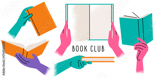 hands holding books isolated on a white background. concept of a book club, a community of book lovers, readers. bright clip art drawn in a flat style with texture . EPS 10