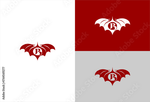 Letter 'B' within ornate bat-wing design, rendered in red & white variants