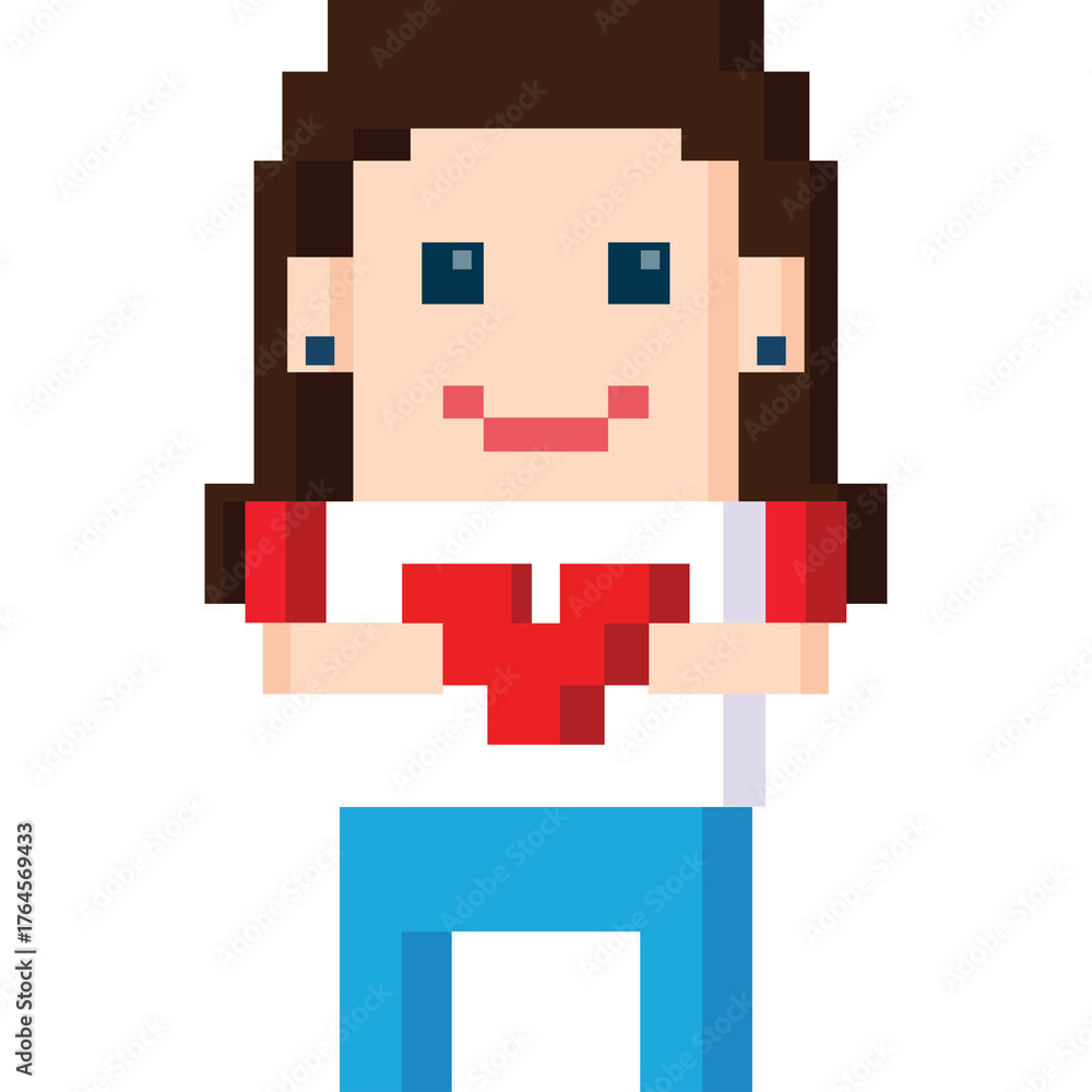 Obraz premium Pixelated Person Holding Red Heart Symbol with Brown Hair Blue Pants and White Shirt with Red Sleeves Isolated on White Background