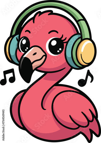 Cute cartoon flamingo wearing colorful headphones while enjoying music notes around its head