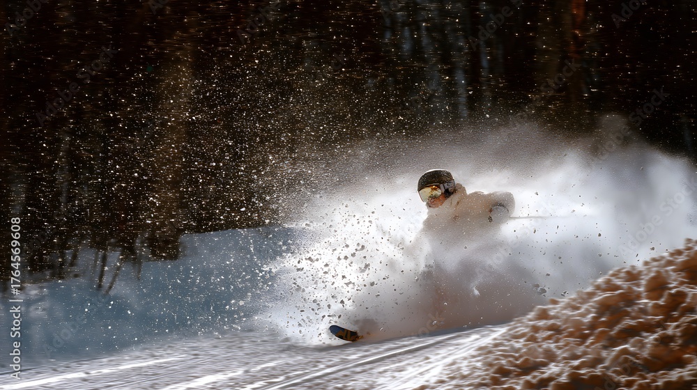 Obraz premium Dynamic Skiing Action in Snowy Forest Landscape with Motion Blur