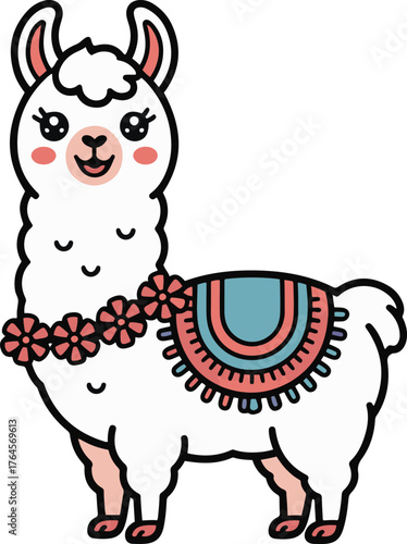 Cute cartoon llama with decorative saddle against simple pink background and cheerful expression