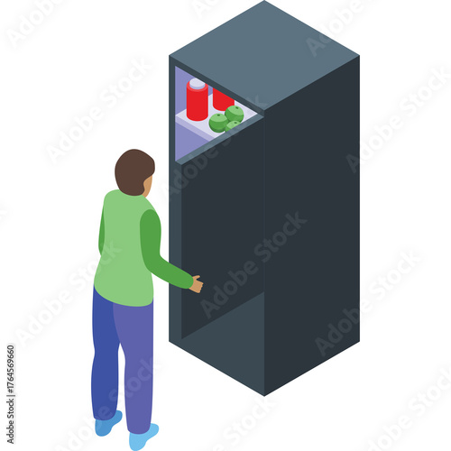 Pixelated Isometric Person in Light Green Vest and Blue Pants Reaching Towards a Dark Grey Tall Cabinet with Shelves Holding Red Bottles and Green Spheres on a Transparent Background