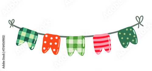 Cute vector Christmas doodle bunting in red and green with dots, stripes and gingham patterns