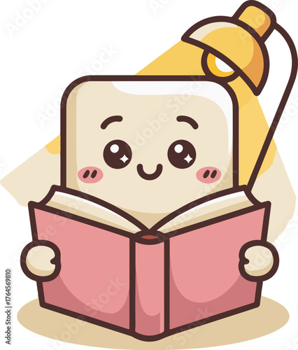 Cute cartoon toast with happy face reading a pink book under a small desk lamp illustration