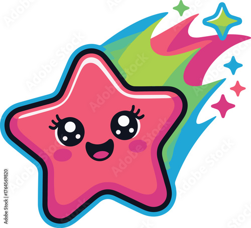 Colorful smiling pink star shooting across a dark sky with sparkling colorful trails behind it