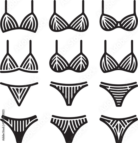A collection of women's bra and panty sets decorated with intricate linear, striped, and leaf-like patterns for fashion design