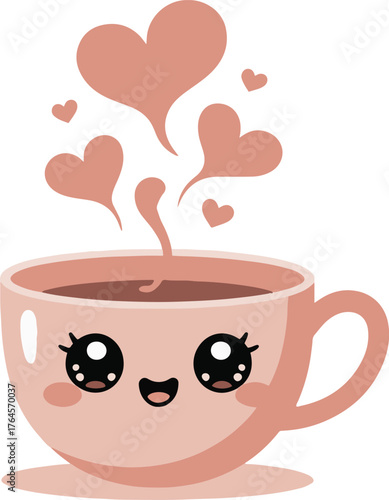 Cute cartoon coffee cup with smiling face and floating heart steam on white background illustration