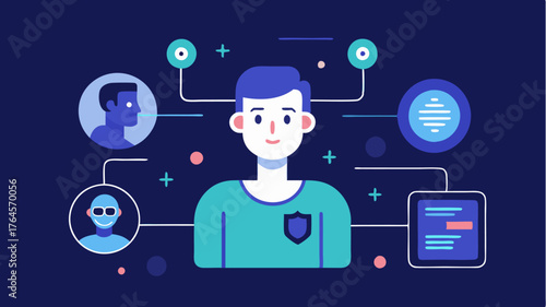 A biometric interface integrating health metrics visualized through futuristic avatars that display realtime changes in health data visually and interactively.