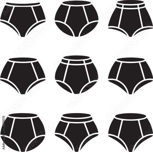 A set of nine vector glyph icons showing a women's brief-style panty from multiple perspectives or as a seamless pattern