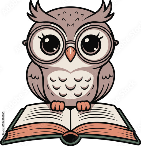 Cartoon owl with big eyes wearing glasses sitting on an open book on a light background image