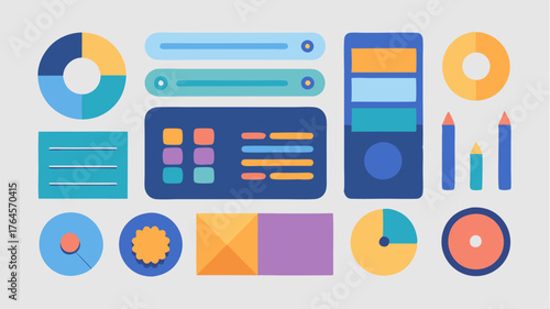 A collection of layered interface elements including sliders color wheels and toolbars arranged in an orderly fashion to reflect organized creativity.