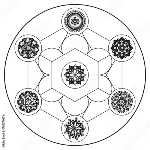 Cube de Métatron Illustration Couleurs Noir et Blanc Géométrie sacrée Symbole Vecteur Design Cercle Spiritualité Univers Mandala Étoile colorée