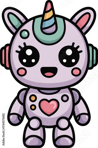 Adorable cartoon unicorn robot with cute features and colorful design on white background shown