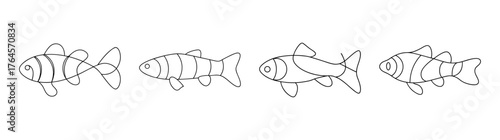 Four stylized clown loach fish outlines in a row elegant aquatic animal design for creative projects
