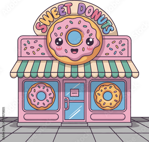 Cute cartoon donut shop with a smiling doughnut design on a pastel building front and glass windows