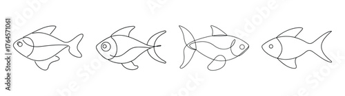 Four stylized ember tetra fish drawings outline art abstract aquarium life water creatures marine biodiversity ocean