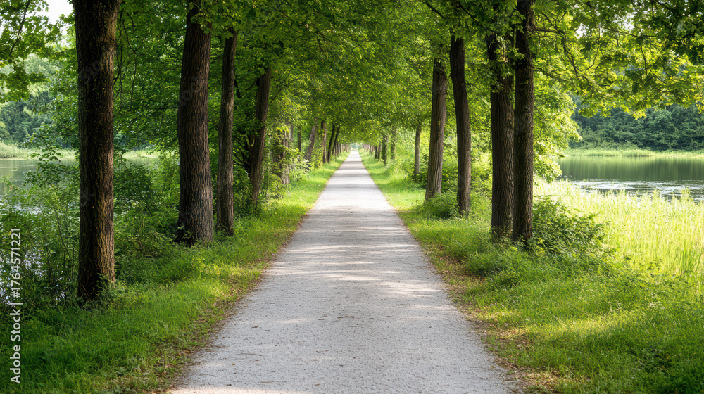Fototapeta premium Serene tree lined path beside calm water body, inviting peaceful walks in nature