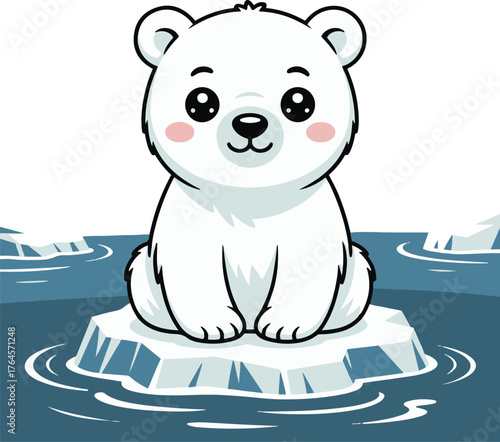 Cute cartoon polar bear sitting on an ice floe with snowy mountains in background illustration