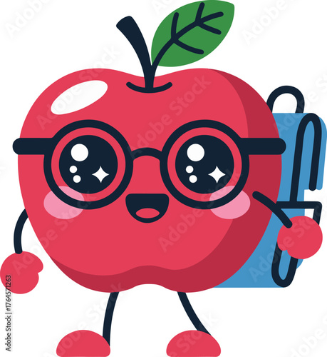 Cute cartoon apple character wearing round glasses and a blue backpack with a cheerful expression