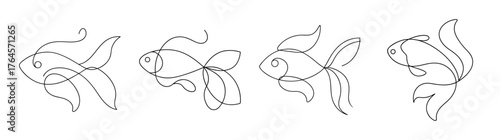 Four detailed line art sketches showcasing the intricate beauty of goldfish fins in motion for artistic and educational purposes