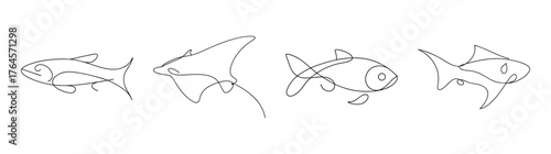 Four detailed black and white line art sketches of fish with intricate scales and fins