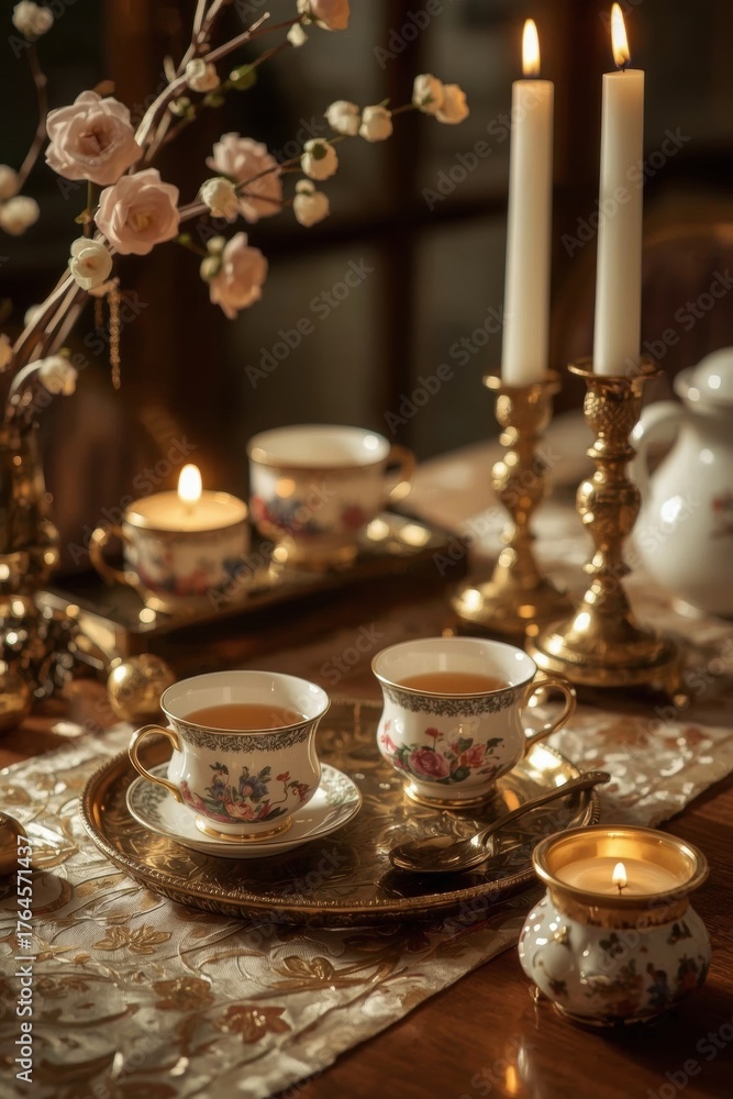 Fototapeta premium Elegant tea time setting with candles, floral decor, and vintage teacups creating a warm ambiance